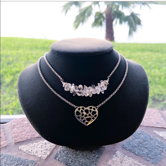Crystal heart necklace . Double Layer crystal quartz valentine heart boho choker - Picture 6 of 11